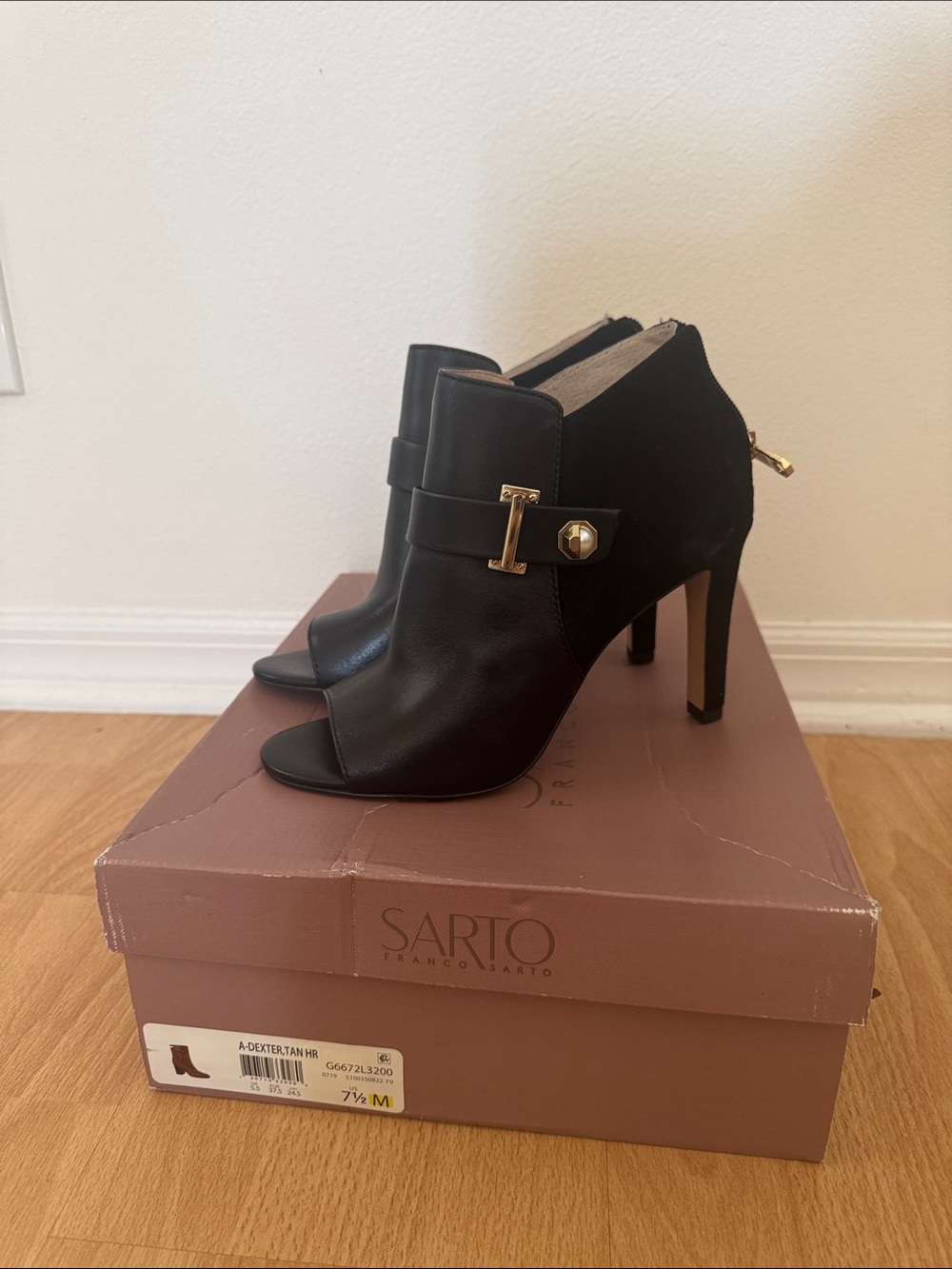 SARTO By Franco Sarto Black Peep-Toe Heeled Booties with Gold Accent